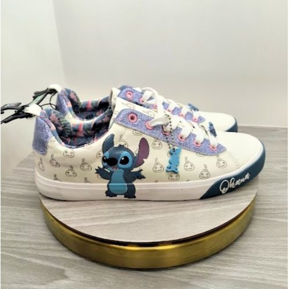 Disney Stitch Womens Size 11 Low Top Sneakers Glitter Lace Charm Keychain New